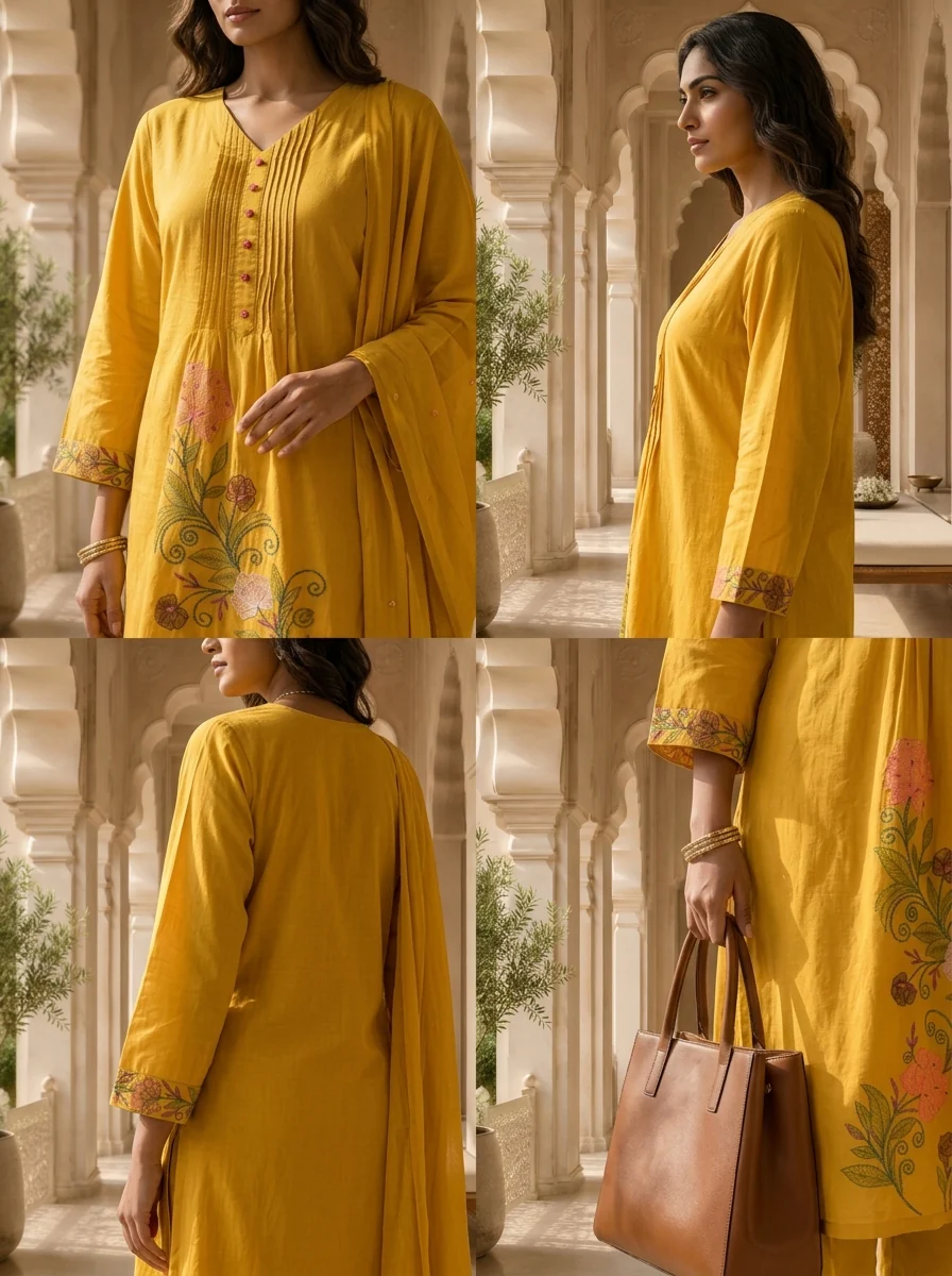 Mustard Cotton Floral Thread Embroidery And Pleated Design Three Piece Set - Image 5