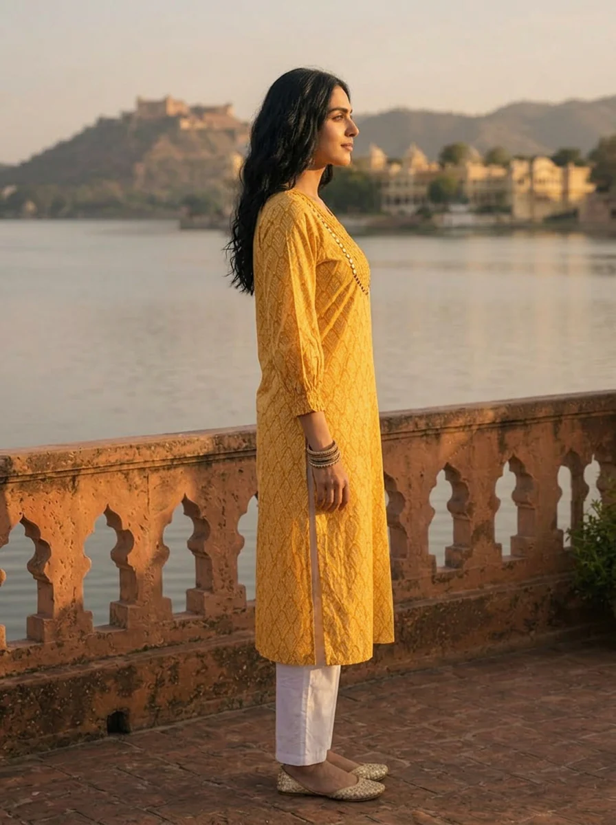 Mustard Cotton Geometric Leaf Printed Kurta - Image 3