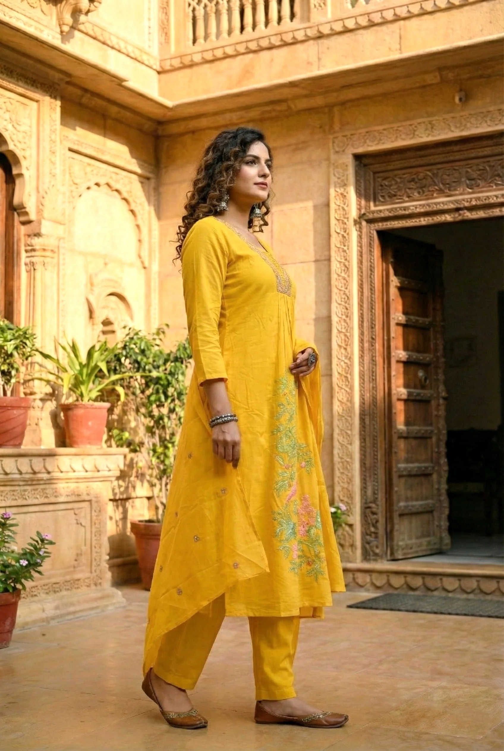Mustard Cotton Sequins And Hand Embroidered Three Piece Set - Image 2