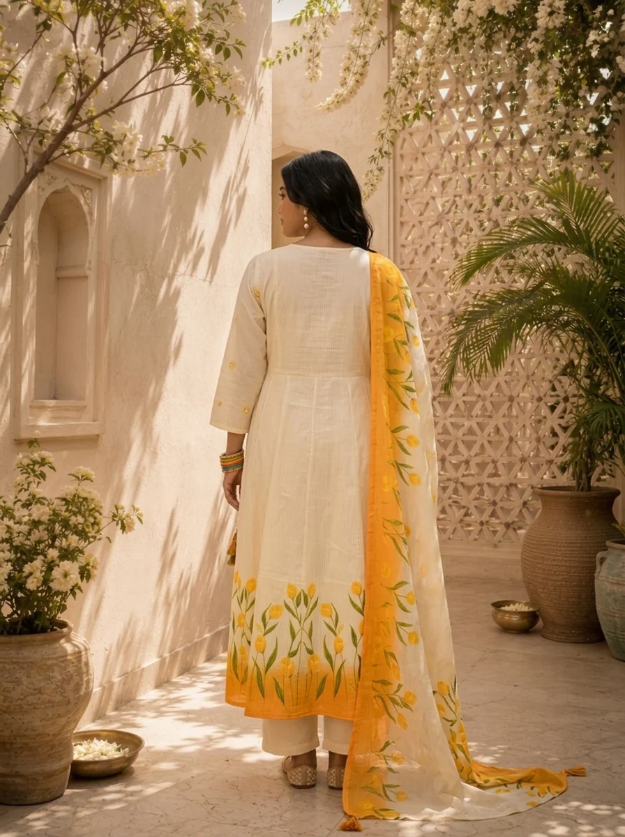 Mustard Cotton Tulip Floral Printed Three Piece Set - Image 2