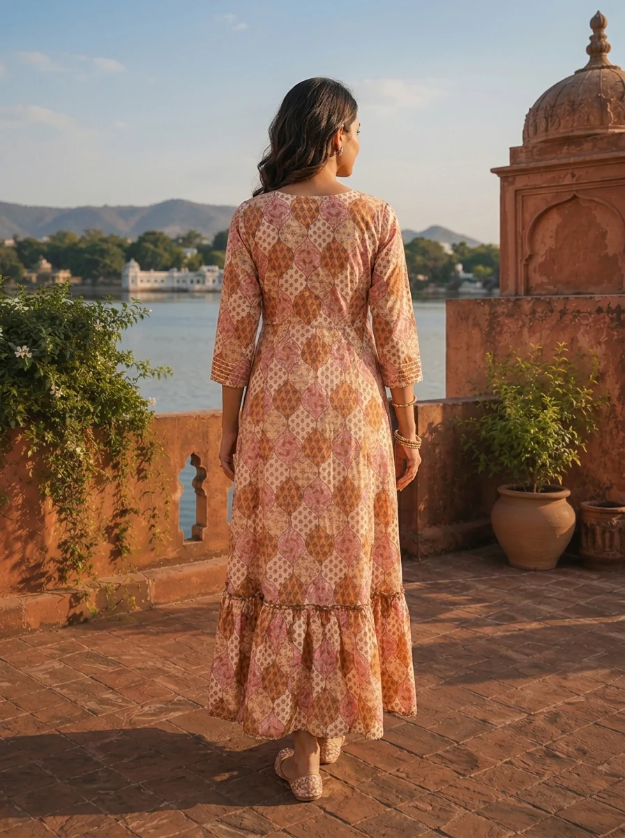 Mustard Crepe Floral Patch Printed Long Dress - Image 2