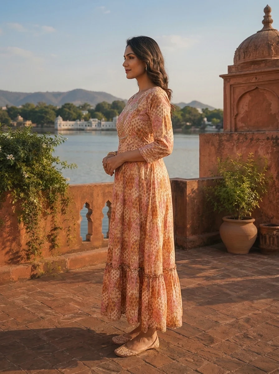Mustard Crepe Floral Patch Printed Long Dress - Image 3