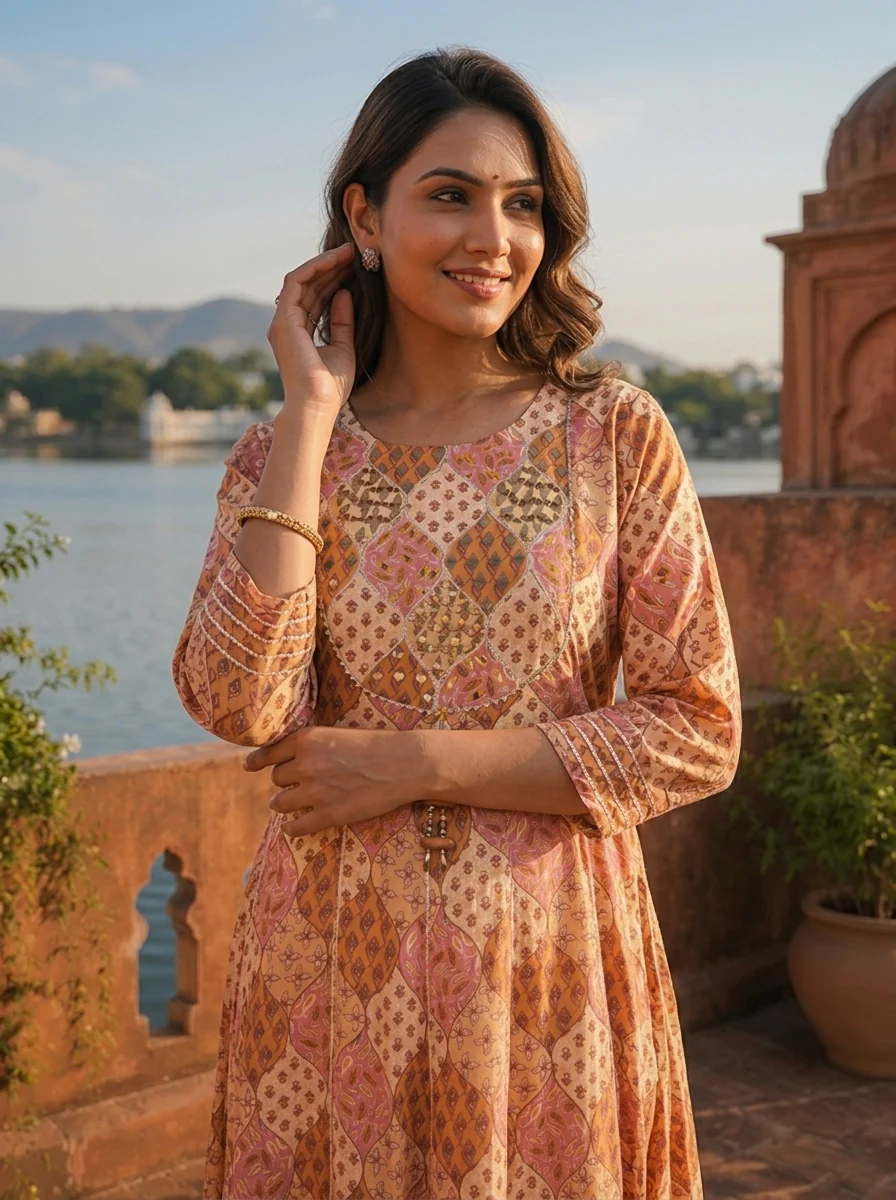 Mustard Crepe Floral Patch Printed Long Dress - Image 4