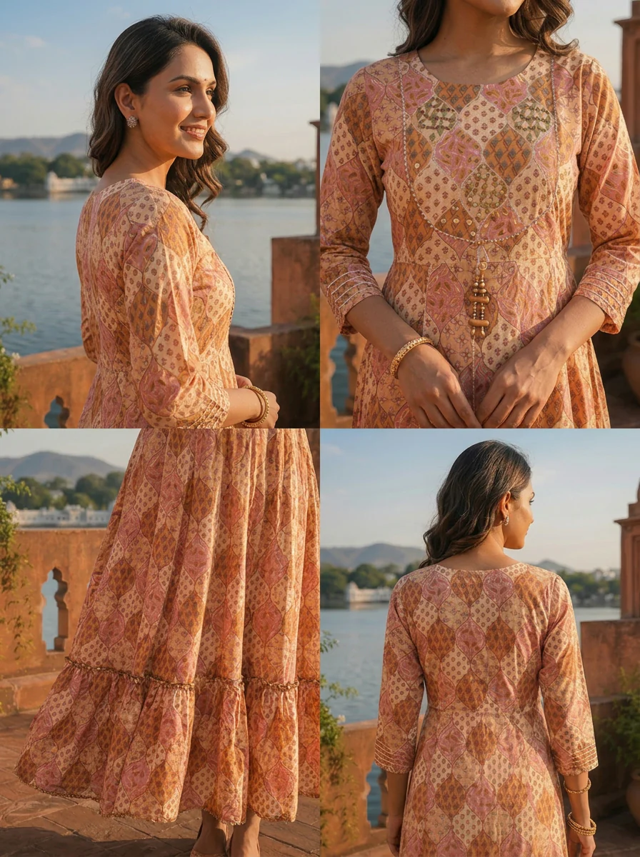 Mustard Crepe Floral Patch Printed Long Dress - Image 5