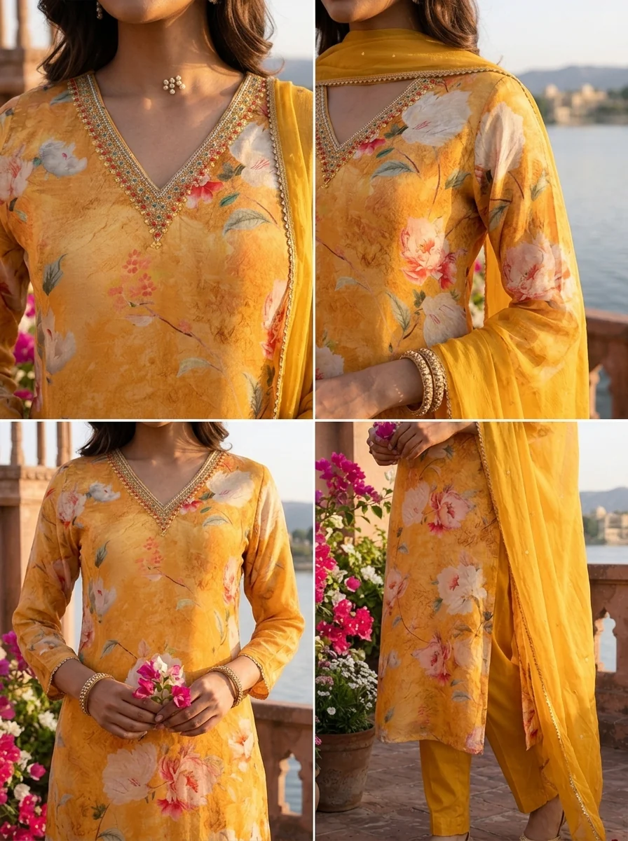 Mustard Crepe Floral Printed Three Piece Set - Image 5