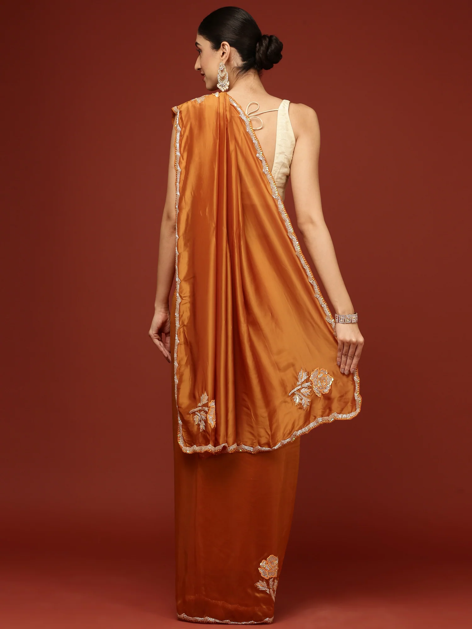 Mustard Crepe Hand Embroidery Saree - Image 3