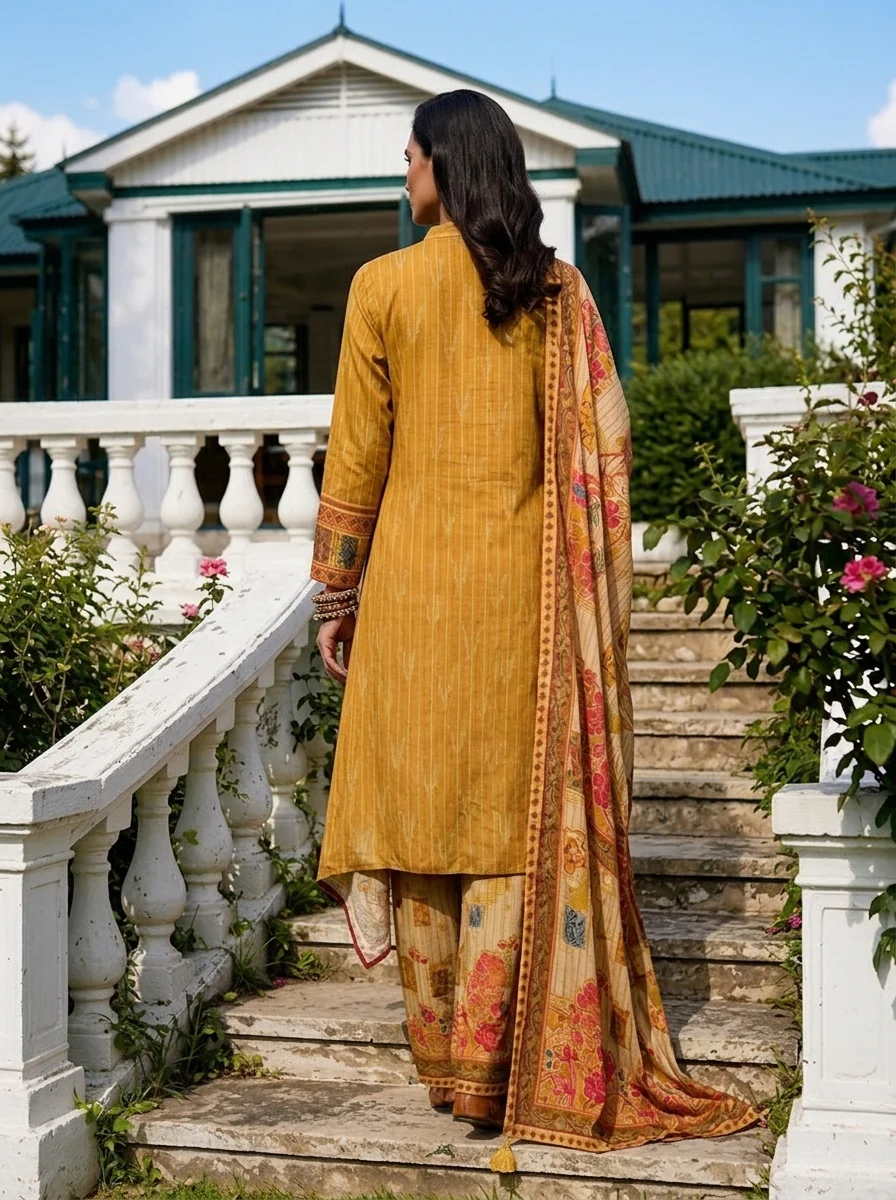 Mustard Crepe Multi Color Block Printed Three Piece Set - Image 2