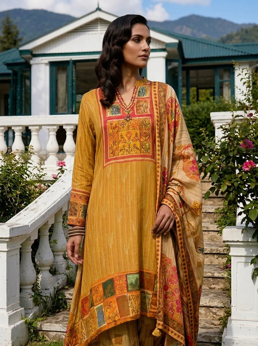 Mustard Crepe Multi Color Block Printed Three Piece Set - Image 4