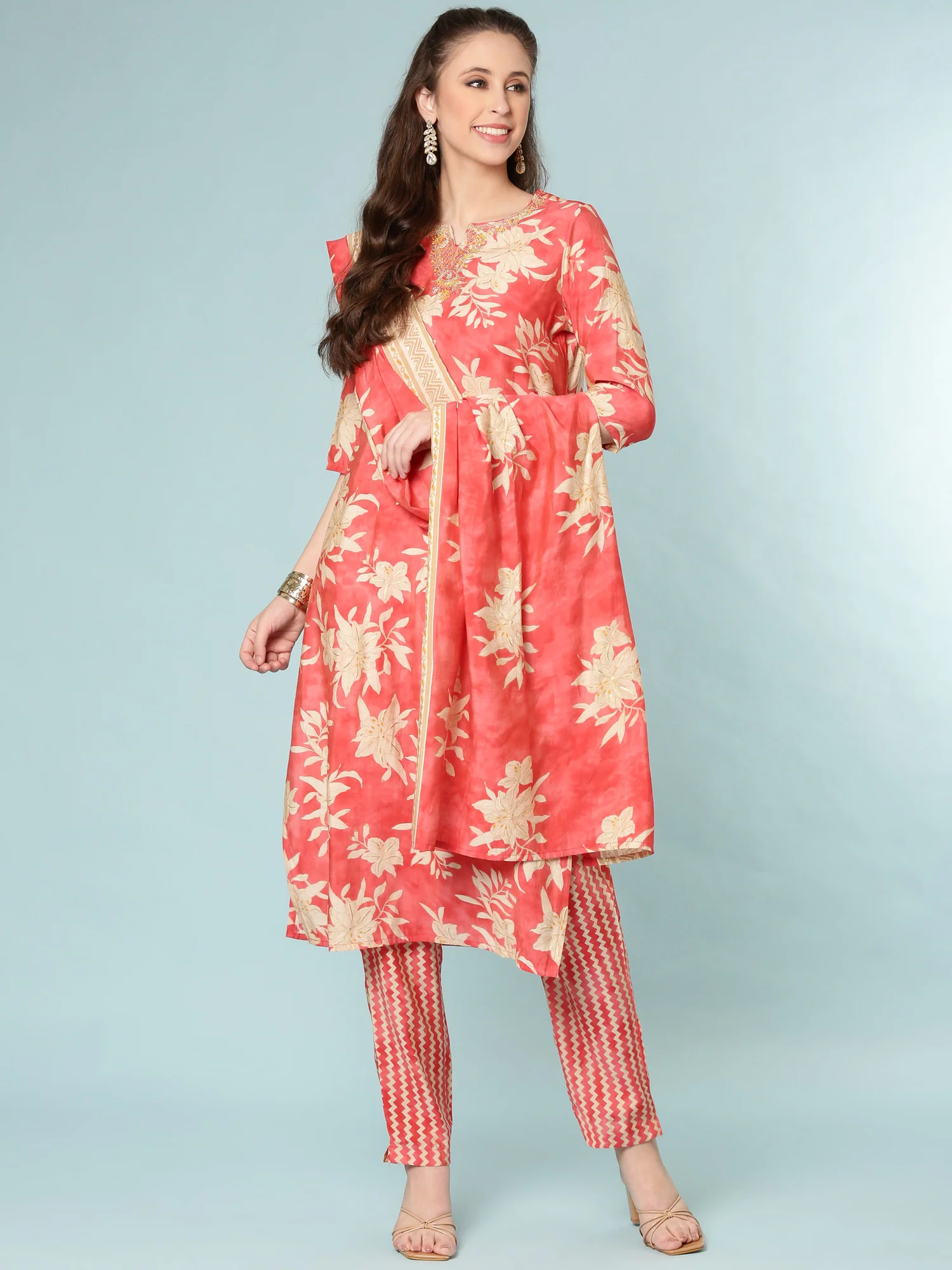 Mustard Dola Silk Floral Digital Print Three Piece Set - Image 5