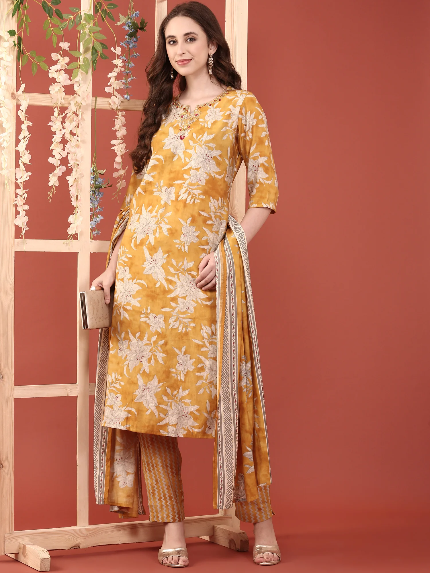 Mustard Dola Silk Floral Digital Print Three Piece Set - Image 5