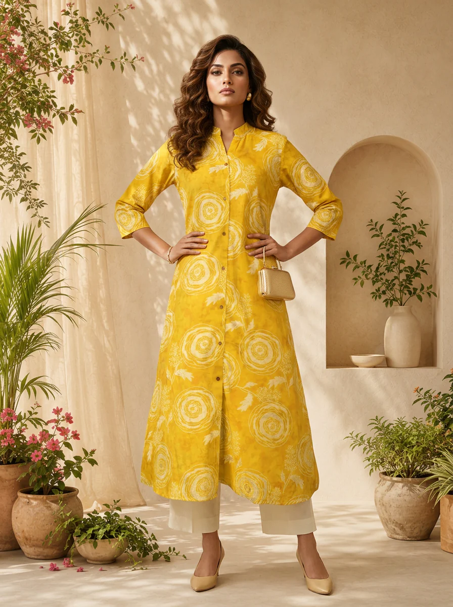 Mustard Floral Printed A-line Silk Kurta - Image 2