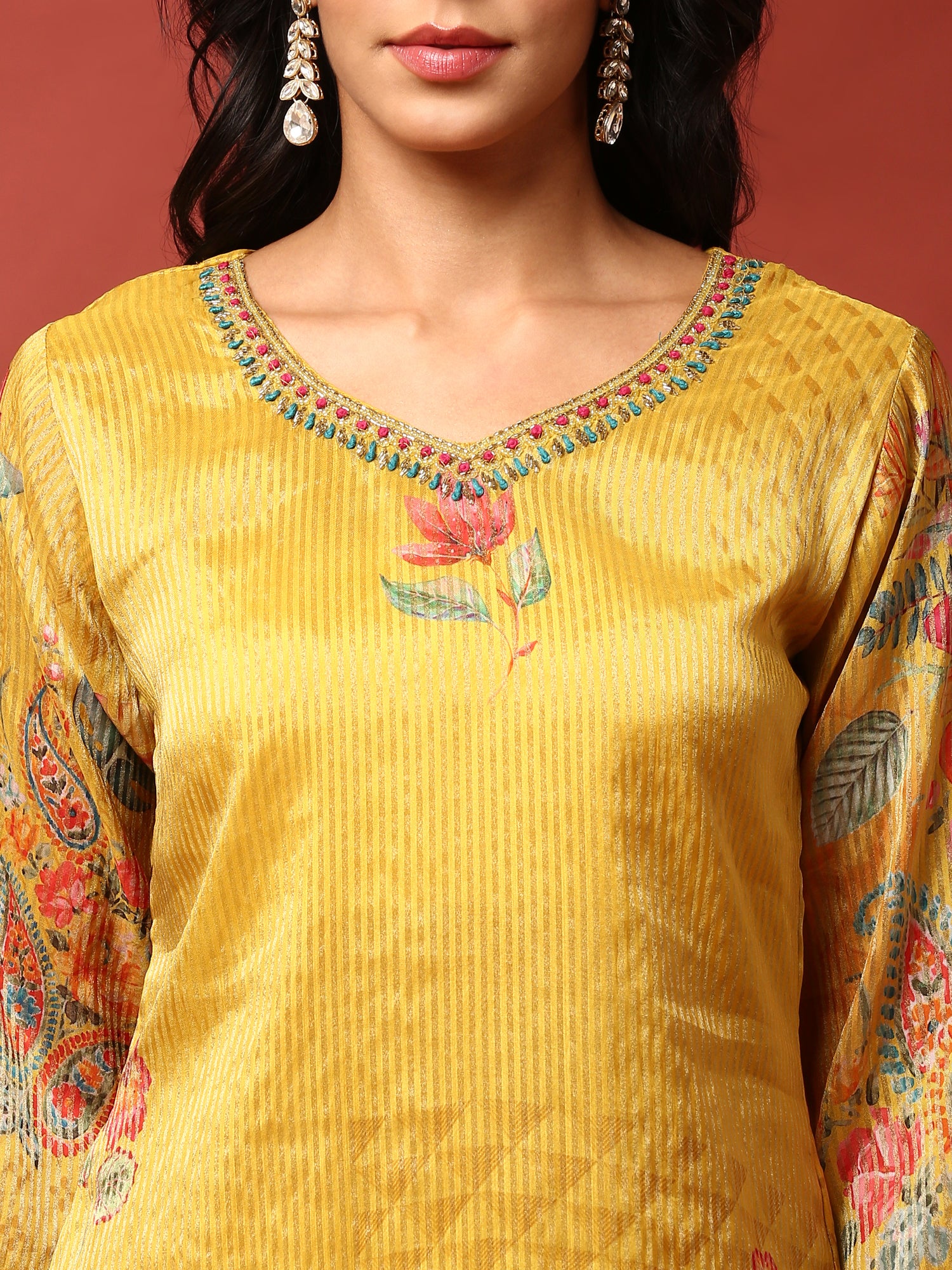 Mustard Floral printed crepe three piece suit set - Image 5