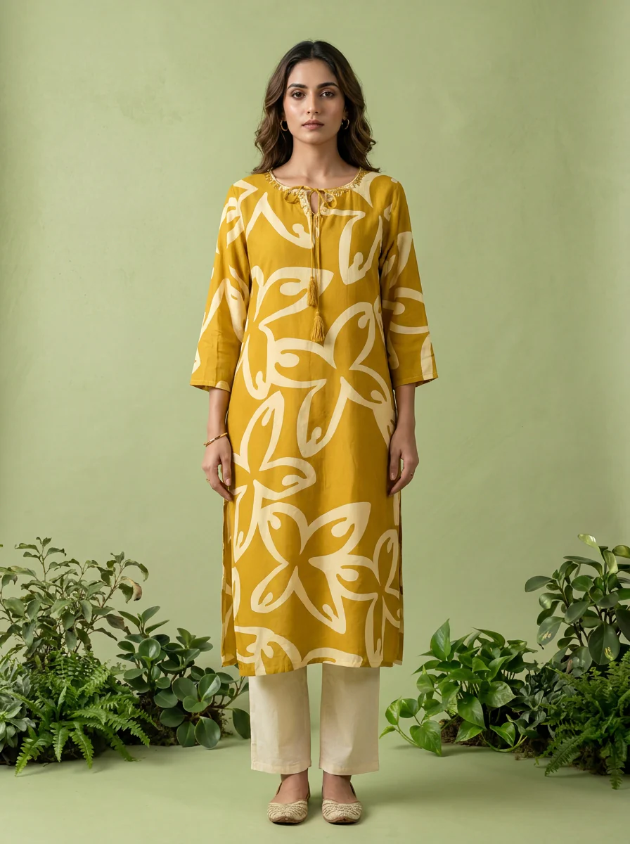 Mustard Floral Printed Silk Kurta - Image 2