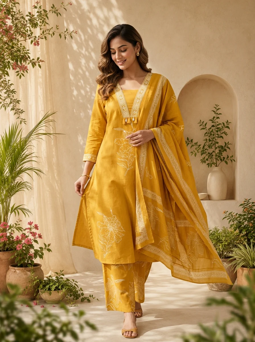 Mustard Floral Thread Embroidery And Patch Embroidery Cotton Three Piece Set - Image 3