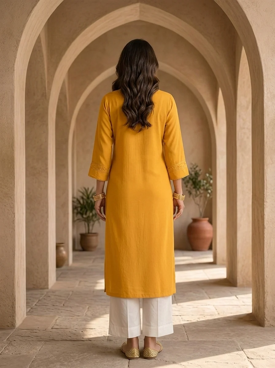Mustard Hand Embroidery And Solid Design Chinon Kurta - Image 3