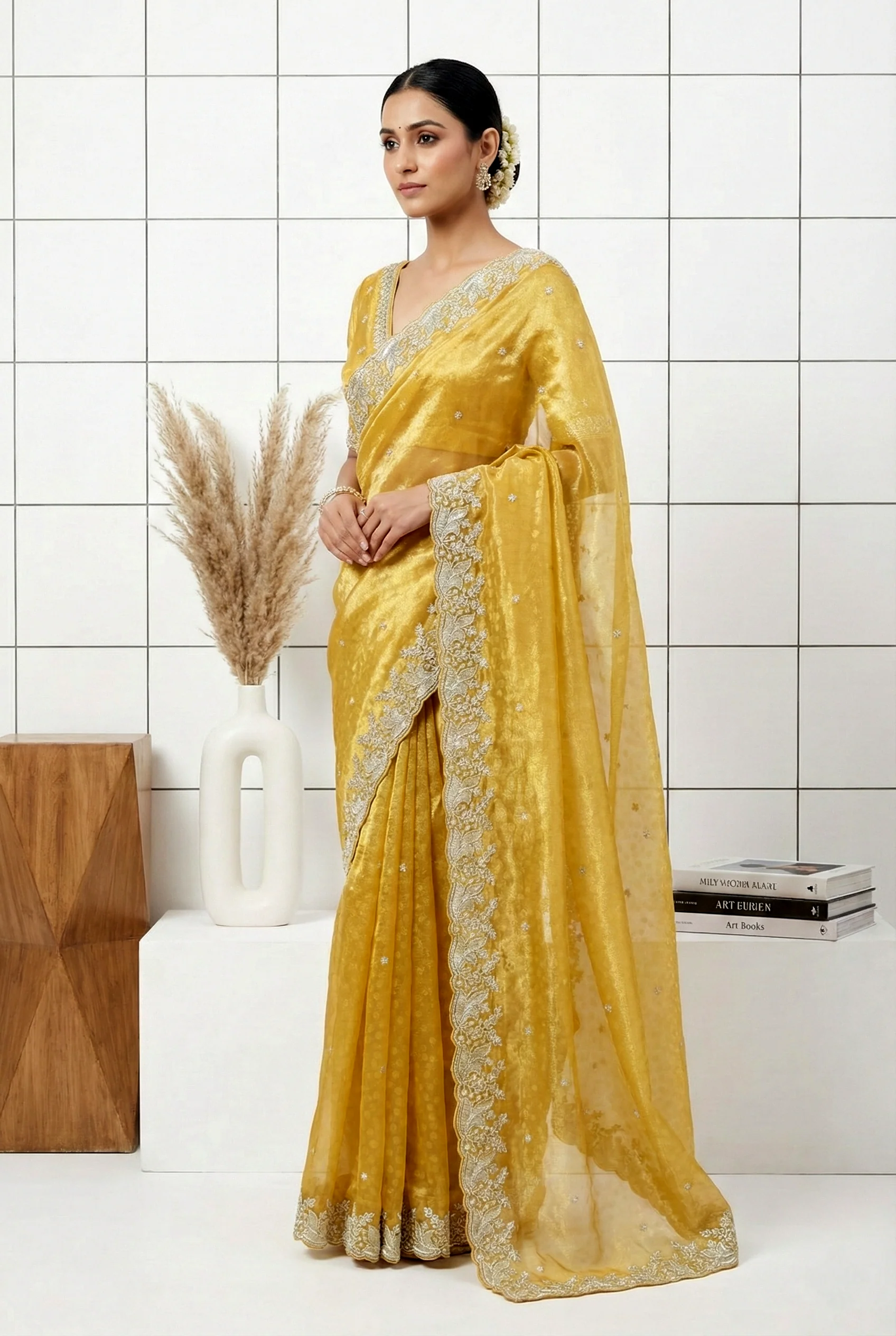Mustard Heavy Floral Embroidered Organza Saree