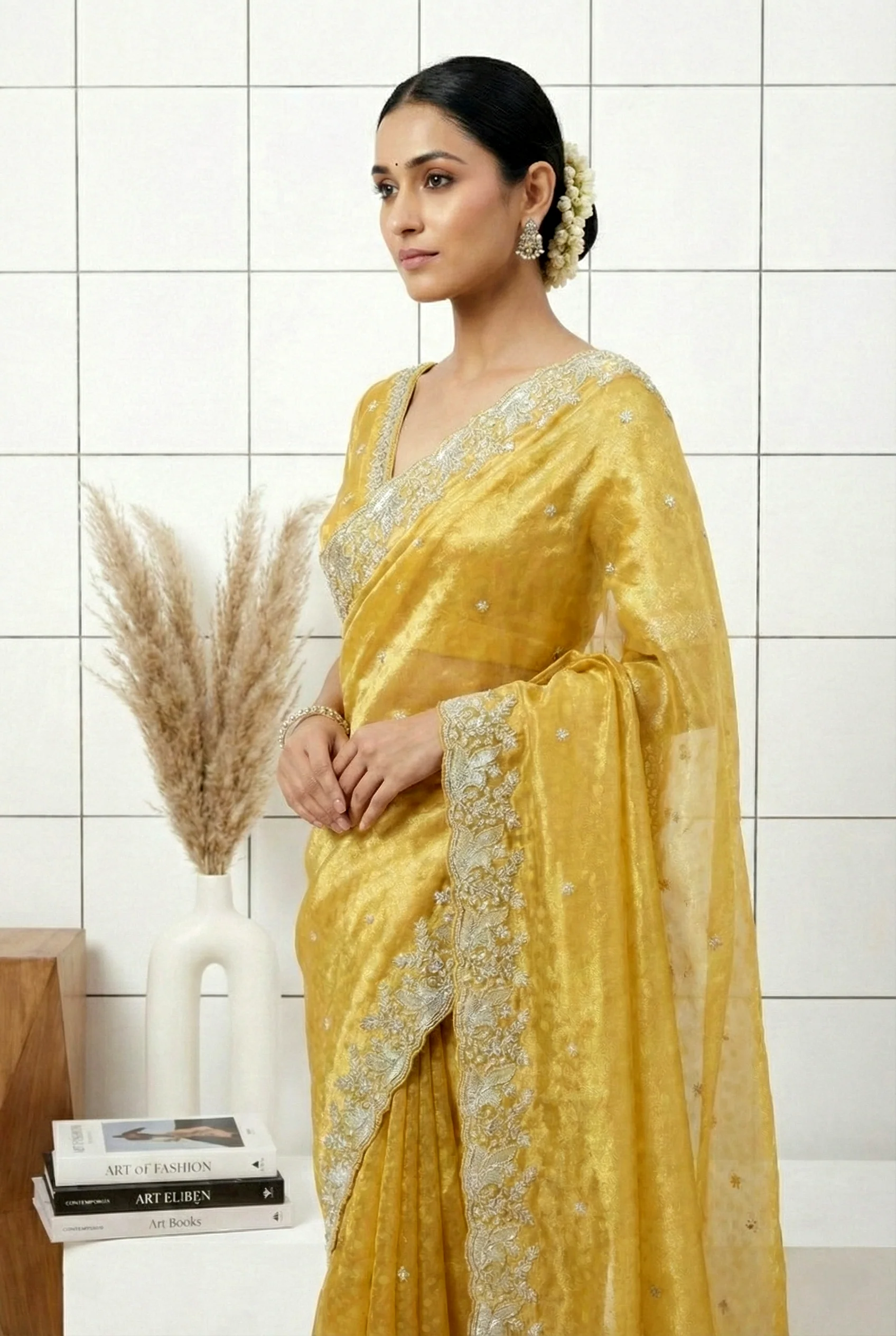 Mustard Heavy Floral Embroidered Organza Saree - Image 3