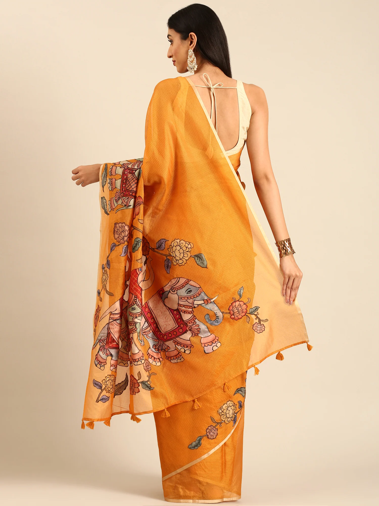Mustard Kota Saree With Kalamkari Appliqué Work On Pallu - Image 3