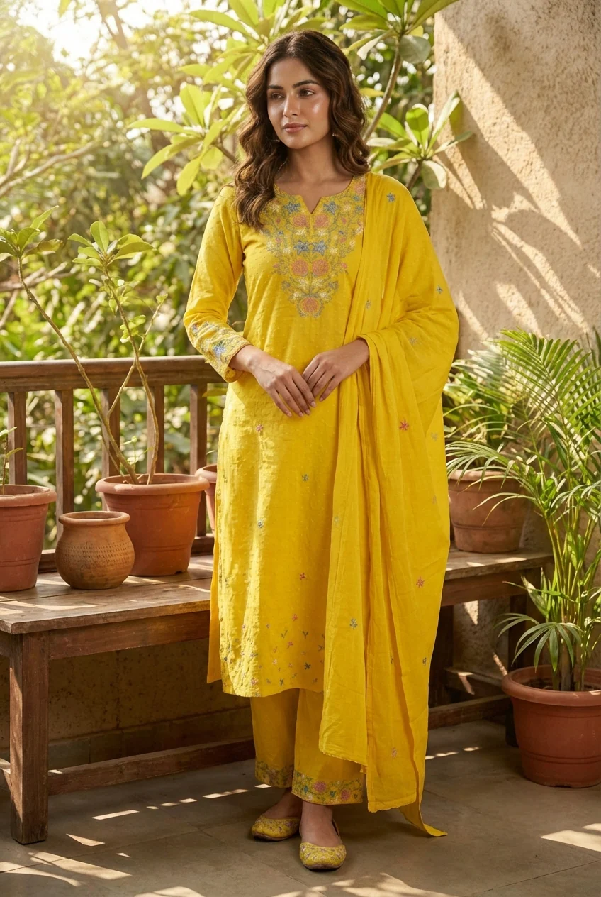 Mustard Linen Floral Hand Embroidery Three Piece Set