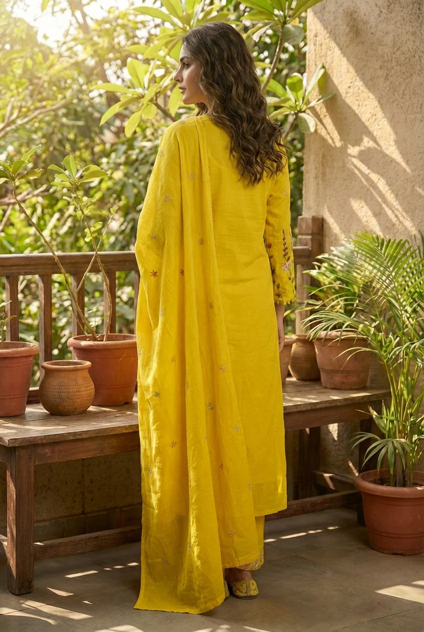 Mustard Linen Floral Hand Embroidery Three Piece Set - Image 3