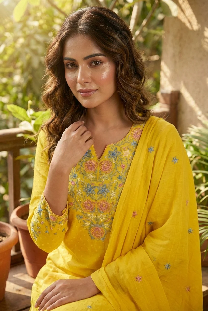 Mustard Linen Floral Hand Embroidery Three Piece Set - Image 5