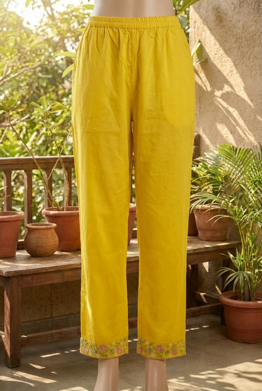 Mustard Linen Floral Hand Embroidery Three Piece Set - Image 6