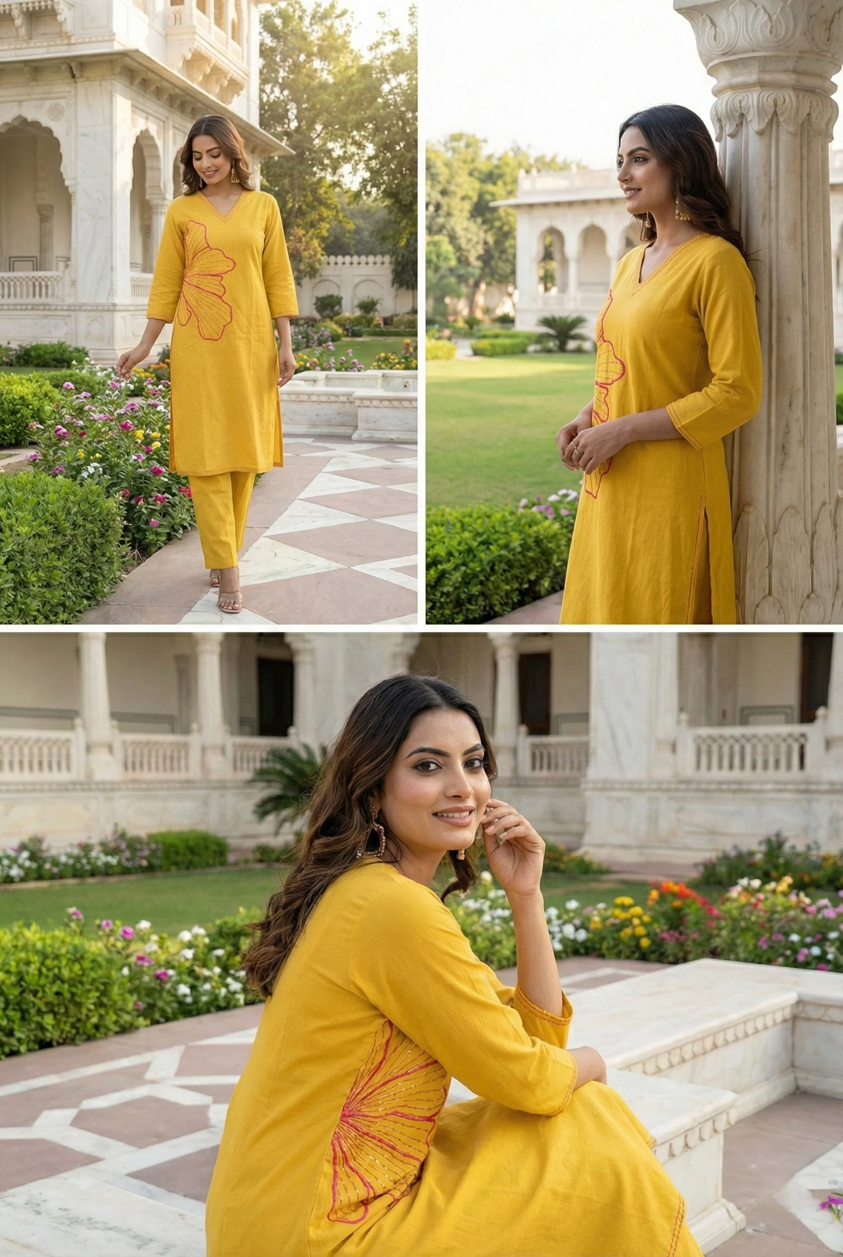 Mustard Linen Hand Embroidered Two Piece Set - Image 5