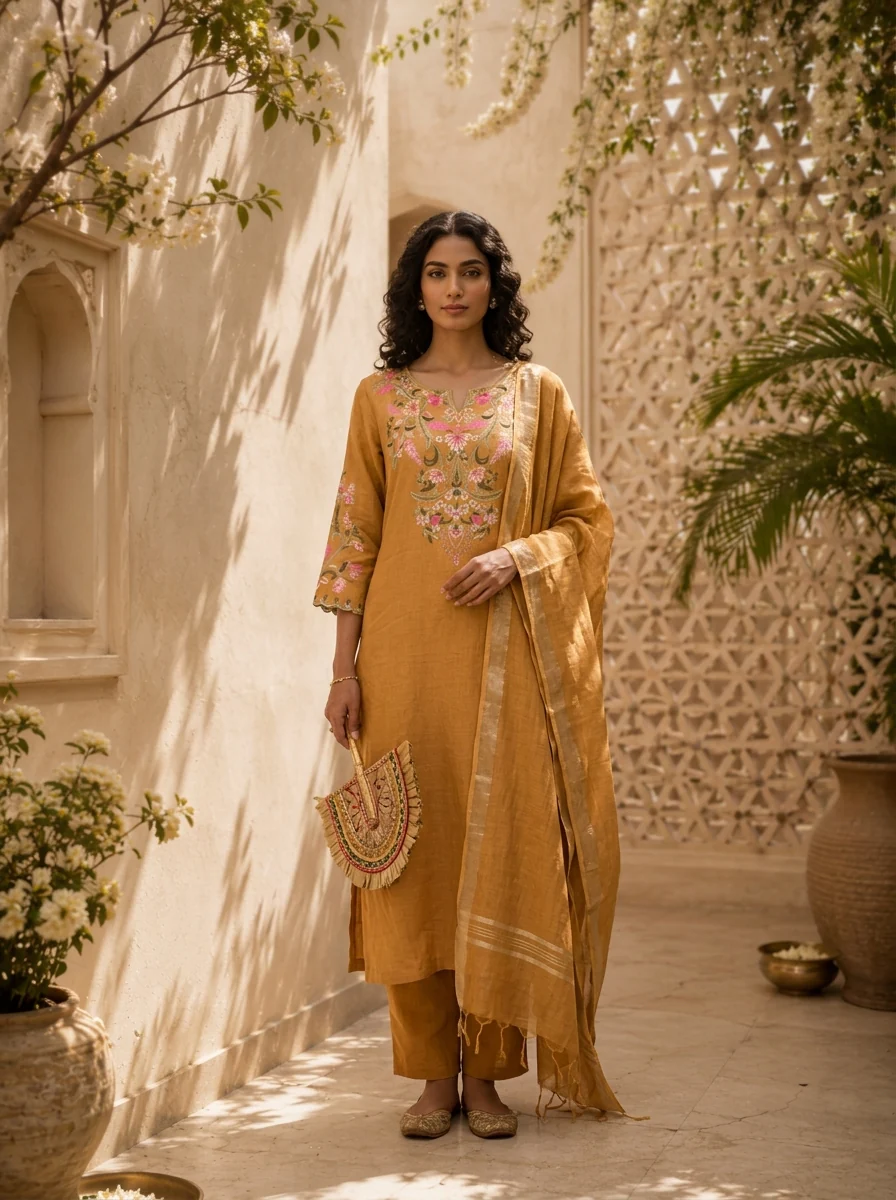 Mustard Linen Solid Design And Floral Thread Embroidered Three Piece Set - Image 2