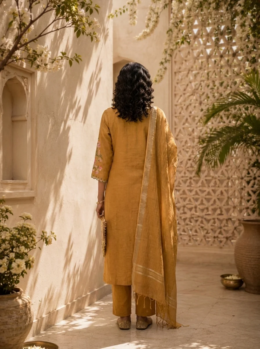 Mustard Linen Solid Design And Floral Thread Embroidered Three Piece Set - Image 3
