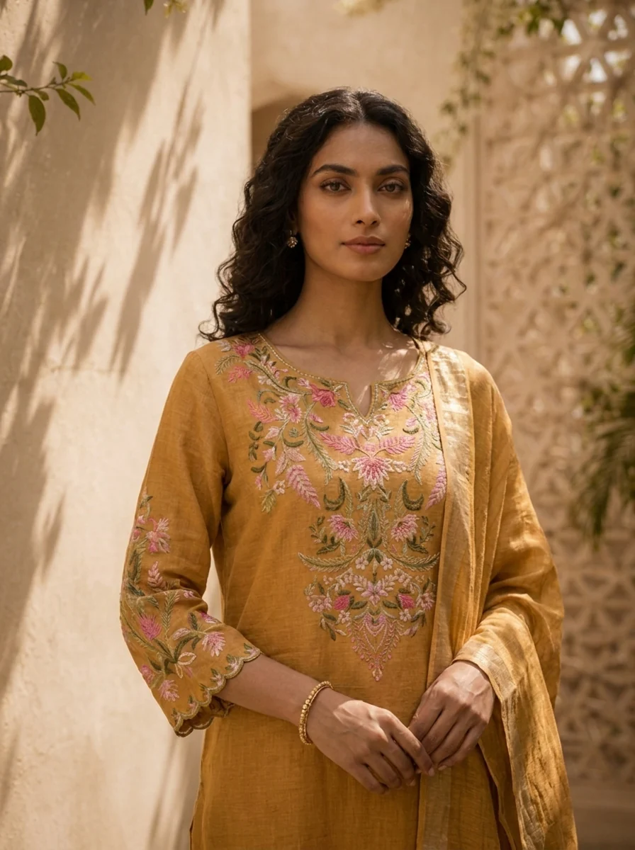 Mustard Linen Solid Design And Floral Thread Embroidered Three Piece Set - Image 5