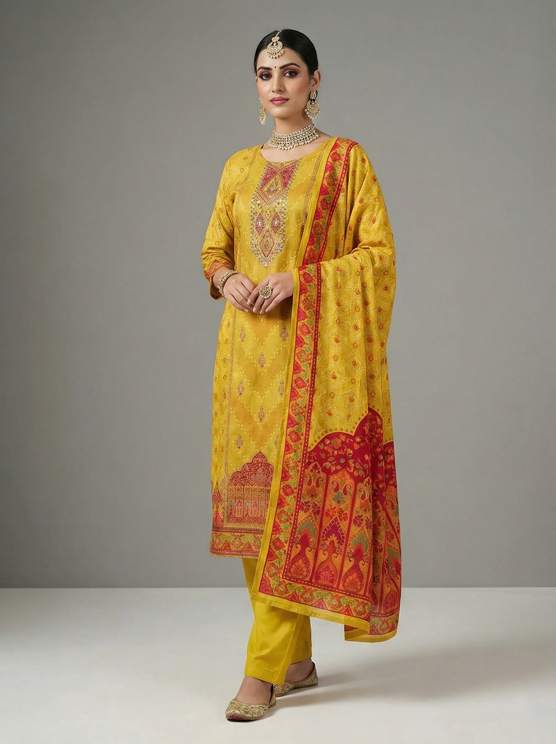 Mustard Muslin Digital Print Three Piece Set - Image 2