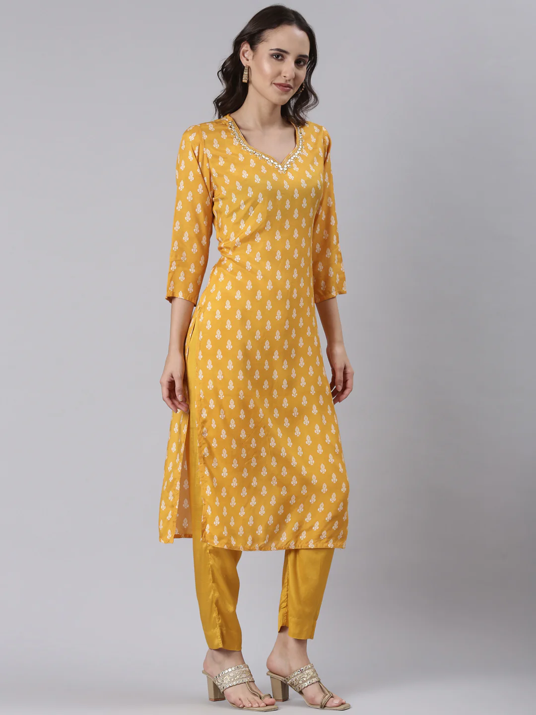 Mustard Muslin Printed Three Piece Set - Image 2