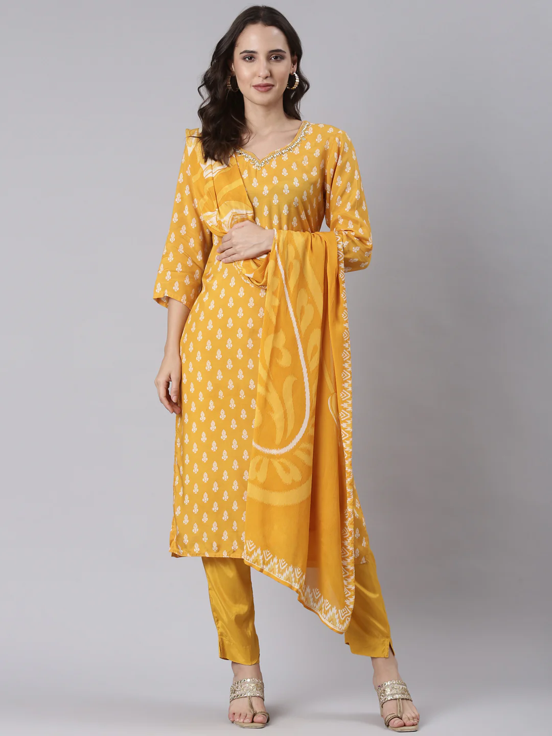 Mustard Muslin Printed Three Piece Set - Image 5