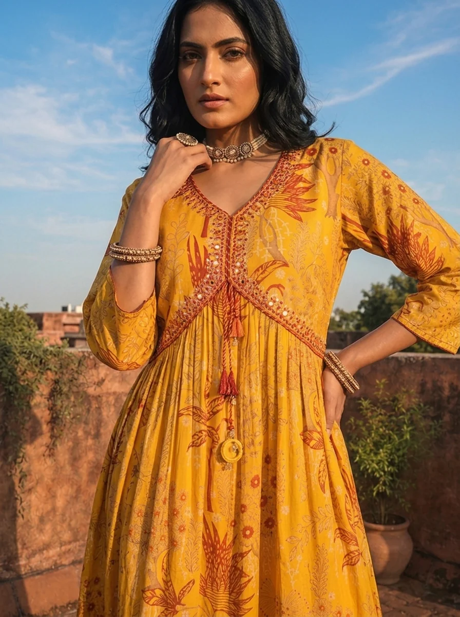 Mustard Muslin Tree & Floral Printed Kurta - Image 4
