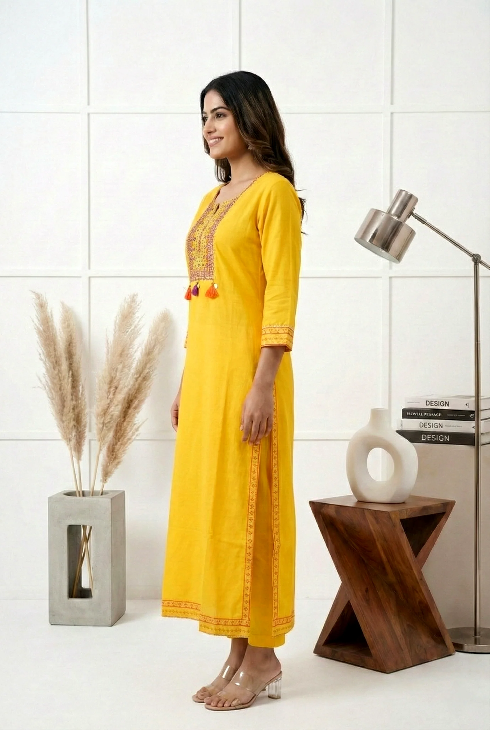 Mustard Muslin Zari Embroidery Kurta - Image 2