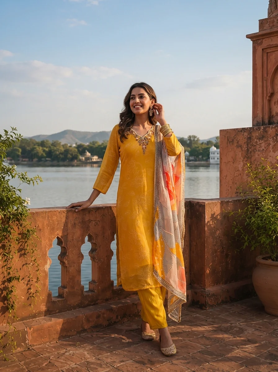 Mustard Organza Abstract Floral Printed Three Piece Set - Image 2
