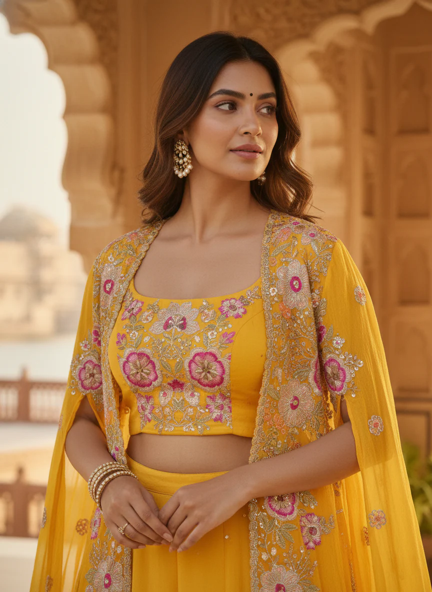 Mustard Organza Crop Top And Palazzo Set - Image 4