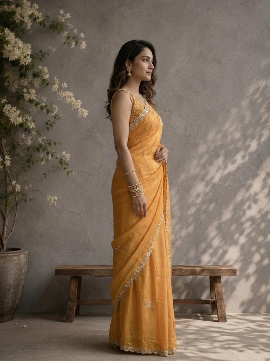 Mustard Organza Embroidered Saree With Scallop Sequin Border - Image 2