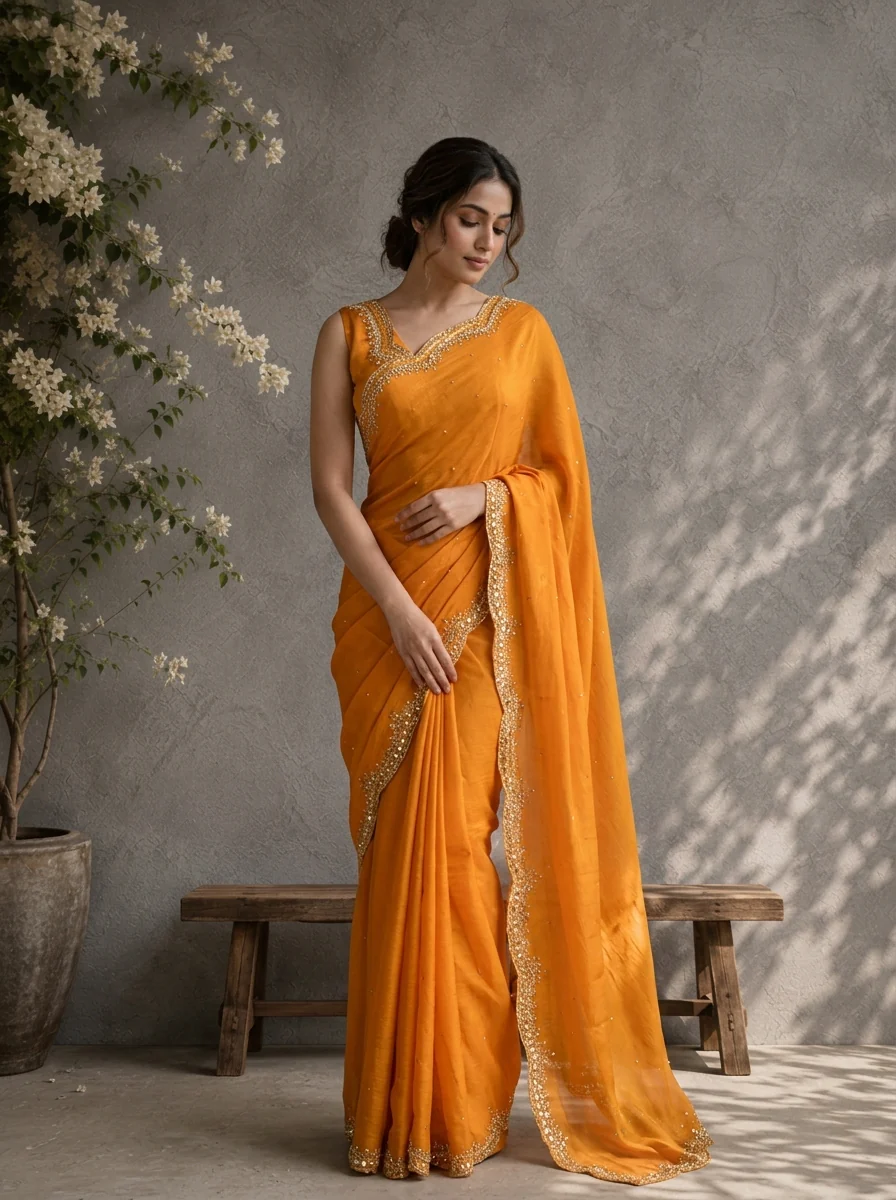 Mustard Organza Scattered Stone Butis Embroidered Saree