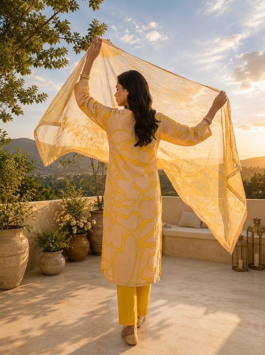 Mustard Rayon Abstract Floral Motifs Printed Three Piece Set - Image 3