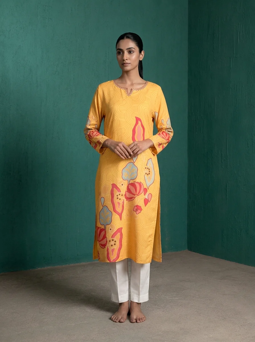 Mustard Rayon Abstract Lotus Wave Printed Kurta