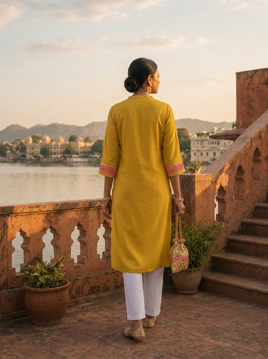 Mustard Rayon Floral Thread Embroidered Kurta - Image 2
