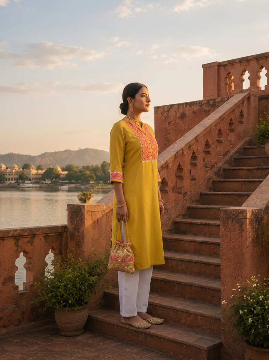 Mustard Rayon Floral Thread Embroidered Kurta - Image 3