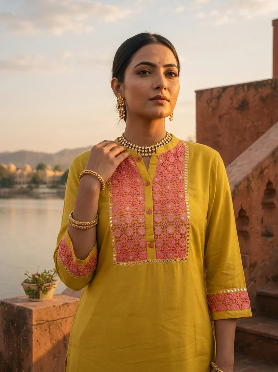 Mustard Rayon Floral Thread Embroidered Kurta - Image 4