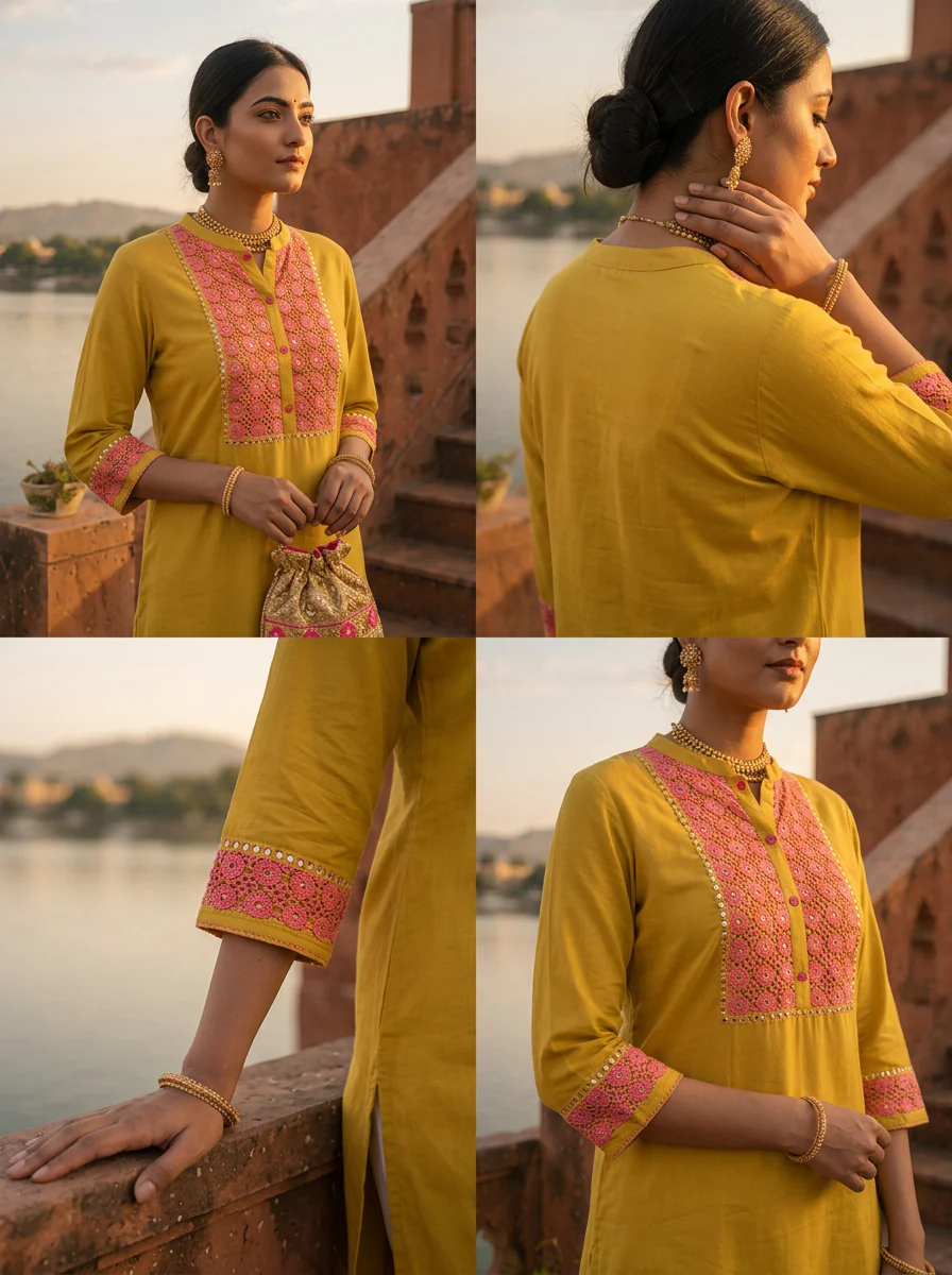 Mustard Rayon Floral Thread Embroidered Kurta - Image 5