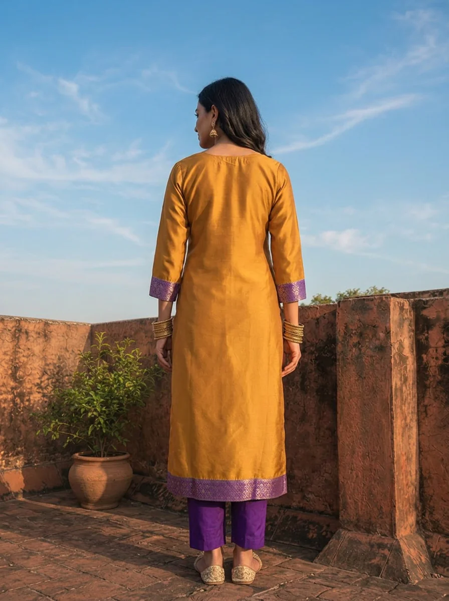 Mustard Silk Bird Panel Weaved Three Piece Set - Image 3
