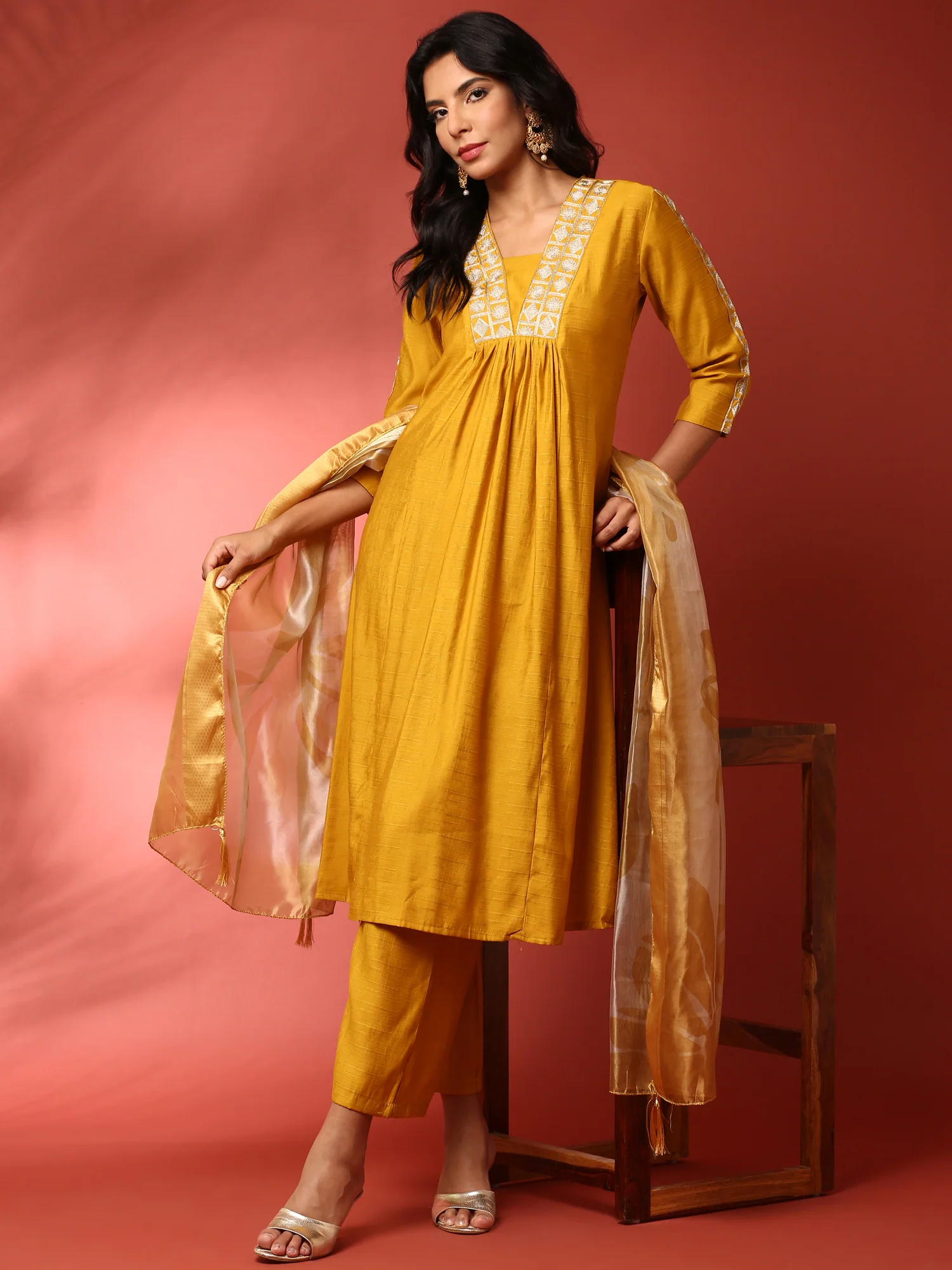 Mustard Silk embroidered three piece suit set - Image 5