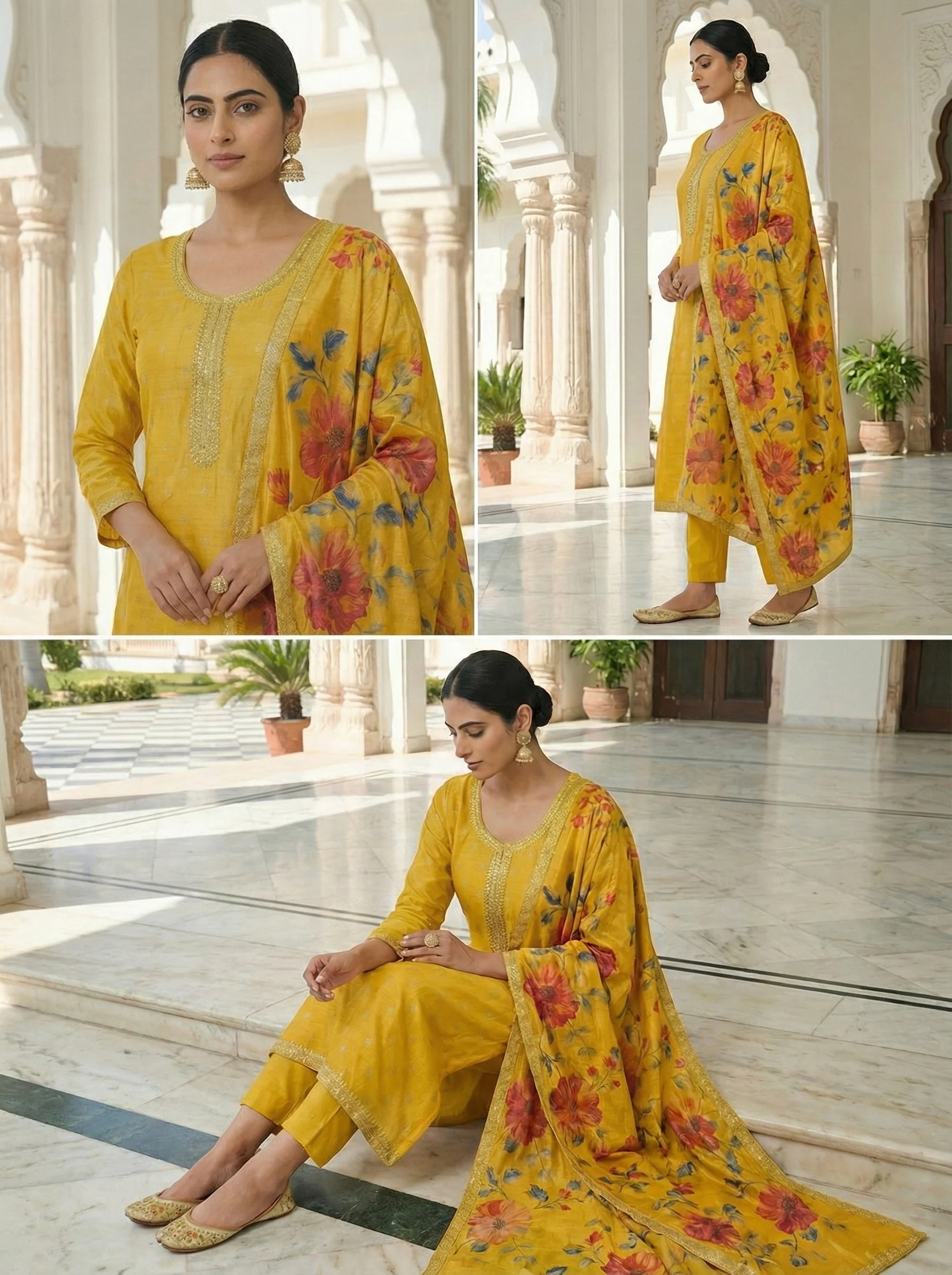 Mustard Silk Floral Digital Printed Three Piece set - Image 3