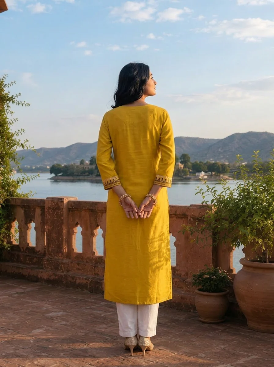 Mustard Silk Geometric Block-Printed Kurta - Image 2
