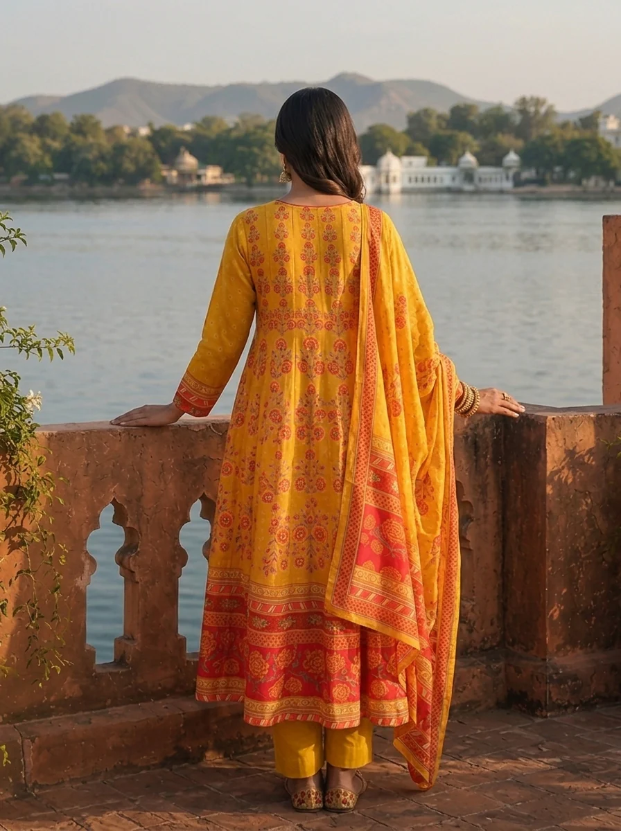 Mustard Silk Mughal Floral Printed Three Piece Set - Image 2